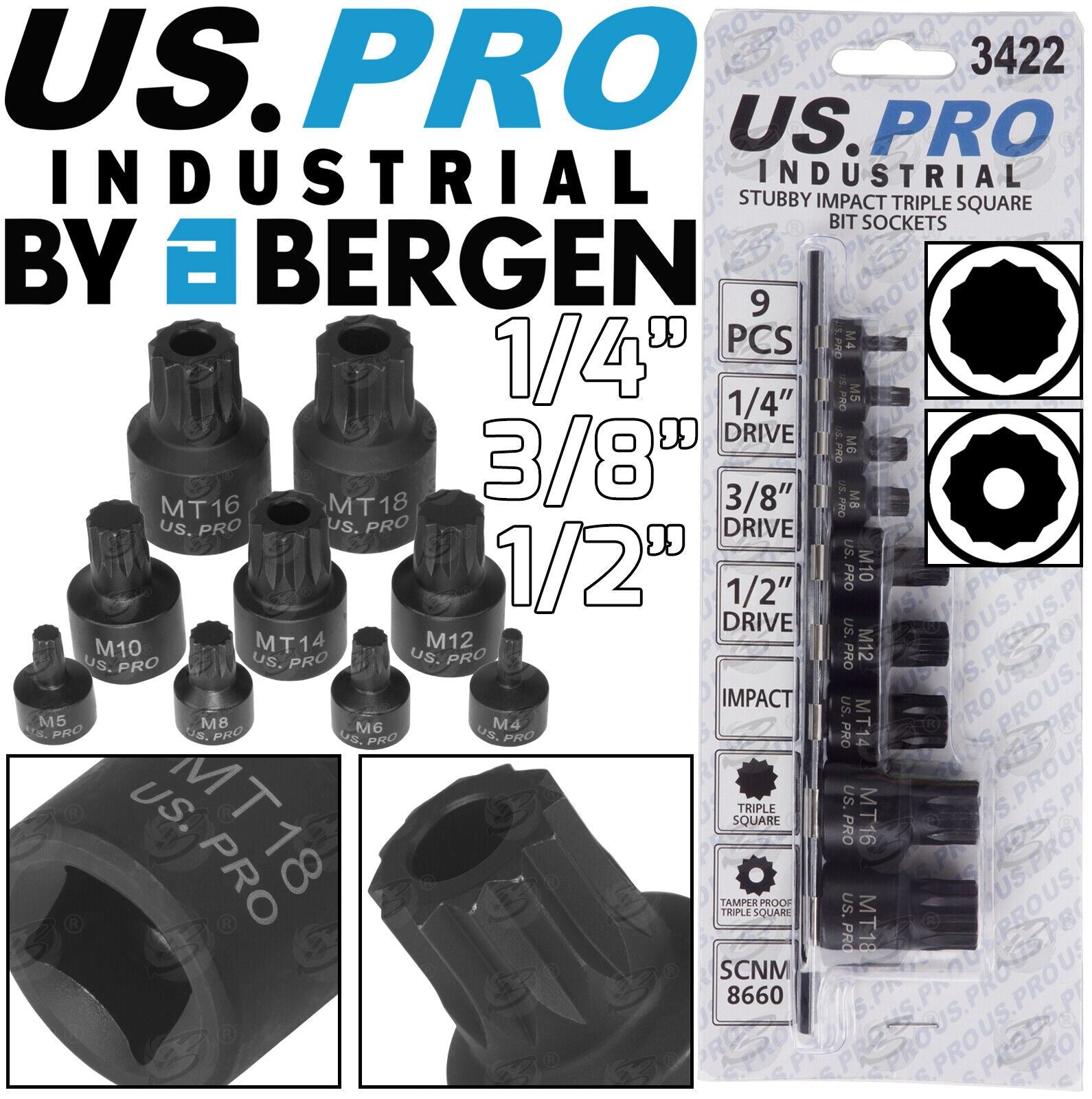 US PRO 9PCS 1/4" & 3/8" & 1/2" DRIVE STUBBY IMPACT SPLINE BIT SOCKETS M4 - M18