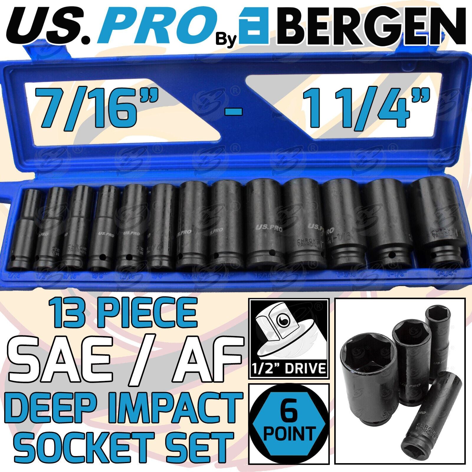 US Pro 13 Piece 1/2" Drive 6 Point Sae Deep Impact Sockets 7/16" - 1 1/4" 3424