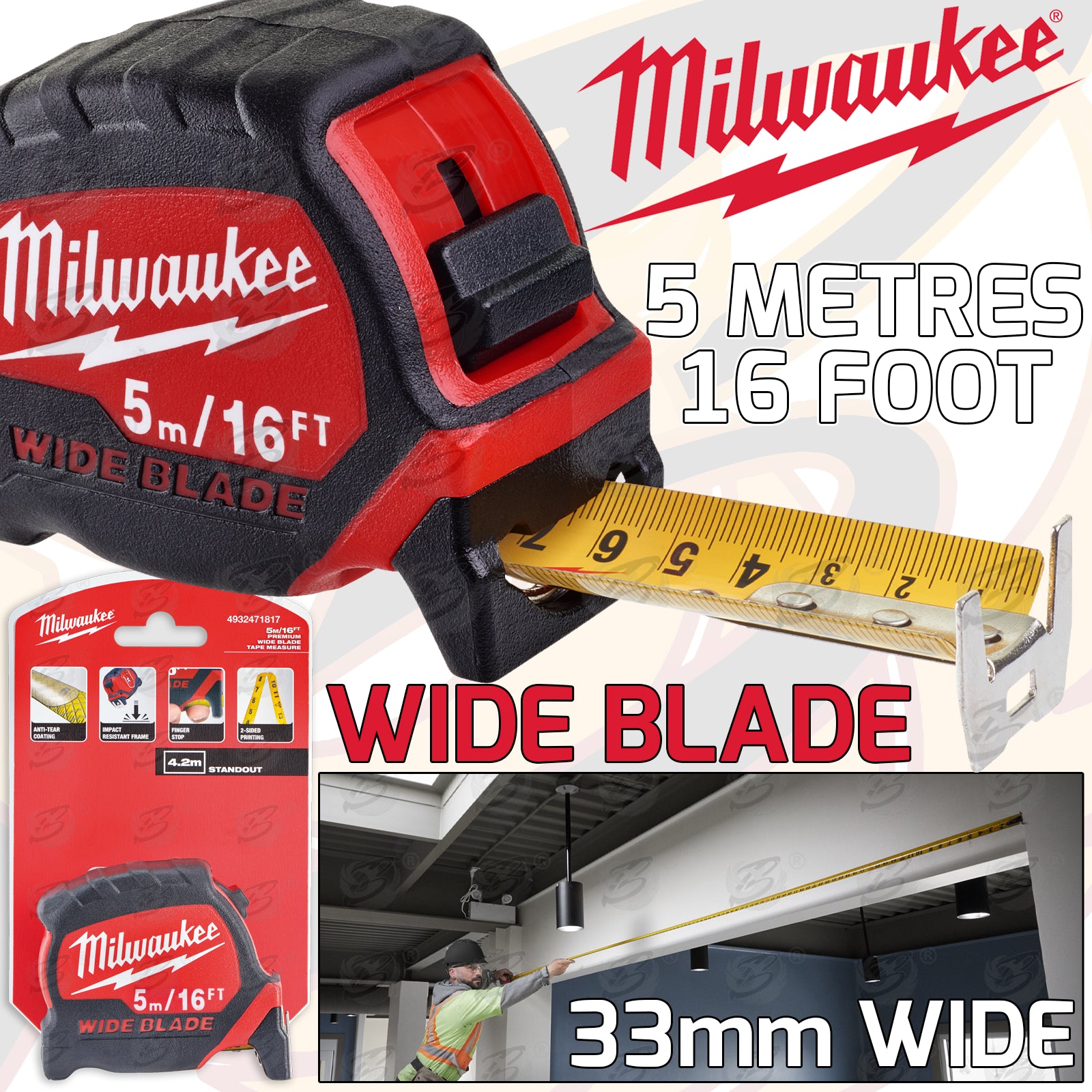 MILWAUKEE 5M ( 16FT ) 33MM EXTRA WIDE NYLON BLADE PREMIUM TAPE MEASURE