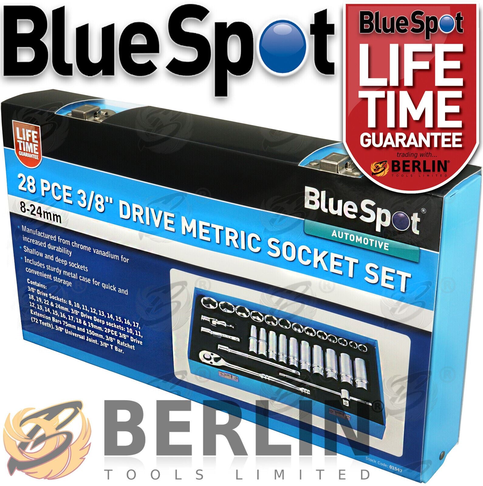BlueSpot 28 Piece 3/8" Drive 6 Point Socket Set 8mm - 24mm 01547