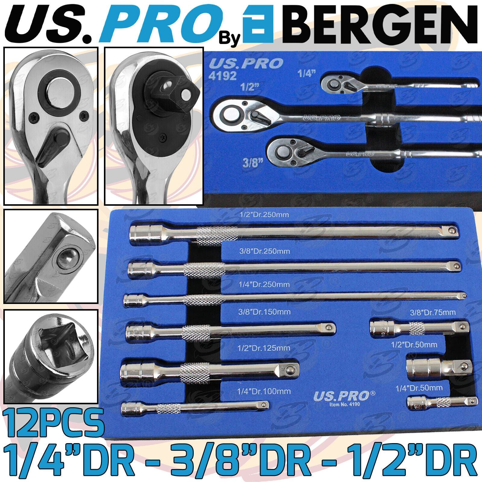 US PRO 6PCS 1/4" & 3/8" & 1/2" DRIVE 72 TOOTH EXTENSION BAR & RATCHET HANDLES