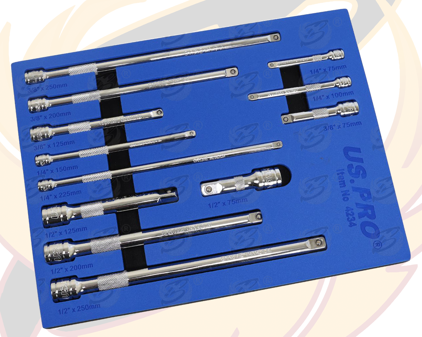 US Pro 12 Piece 1/4" & 3/8" & 1/2" Drive Extension Bars 50mm - 250mm 4234