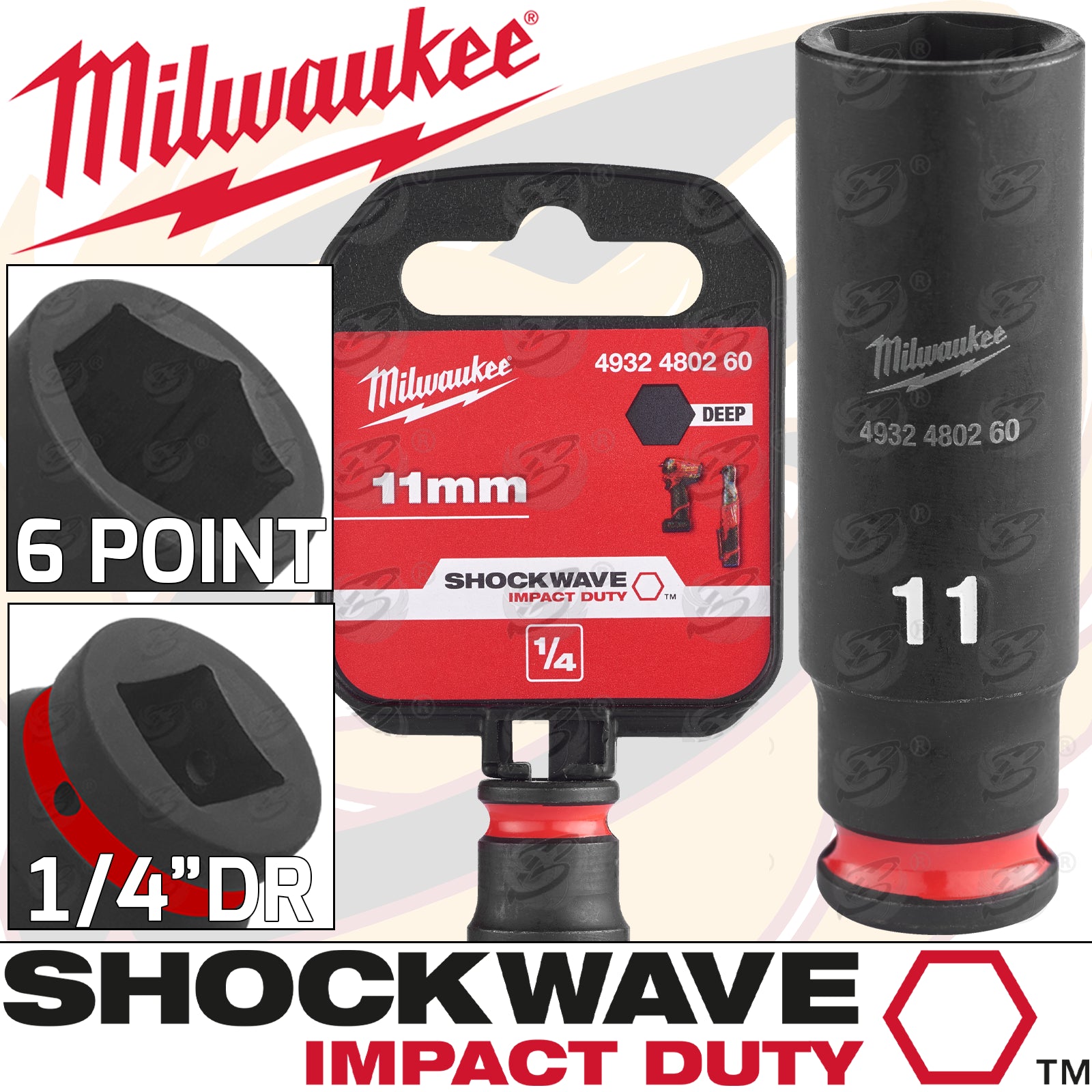 MILWAUKEE 11MM 1/4" DRIVE 6 POINT DEEP IMPACT SOCKET ( SINGLE )