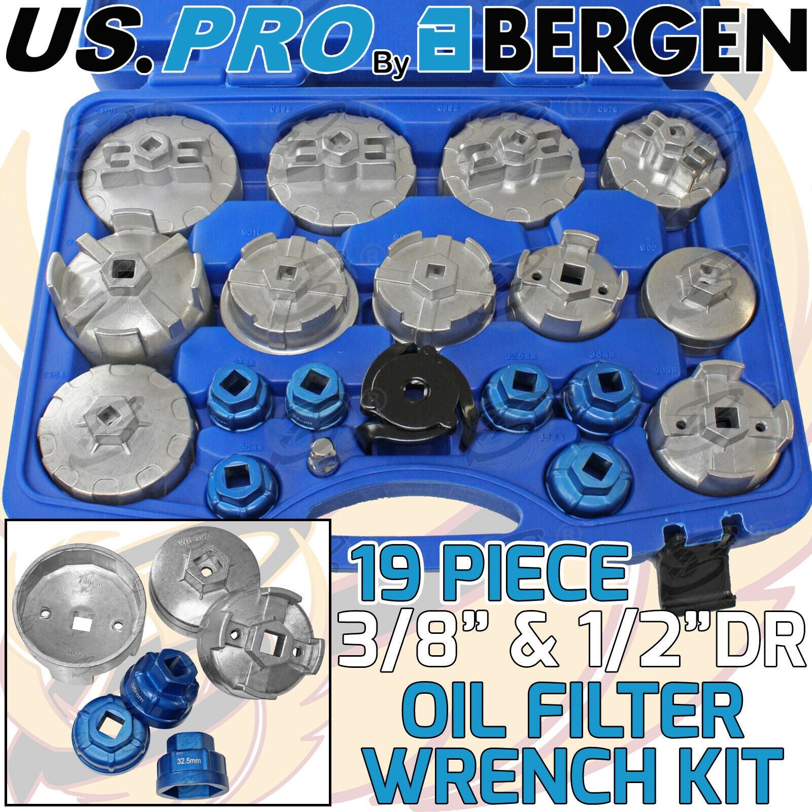 US PRO 19PCS 3/8" &1/2" DRIVE OIL FILTER CUP SET