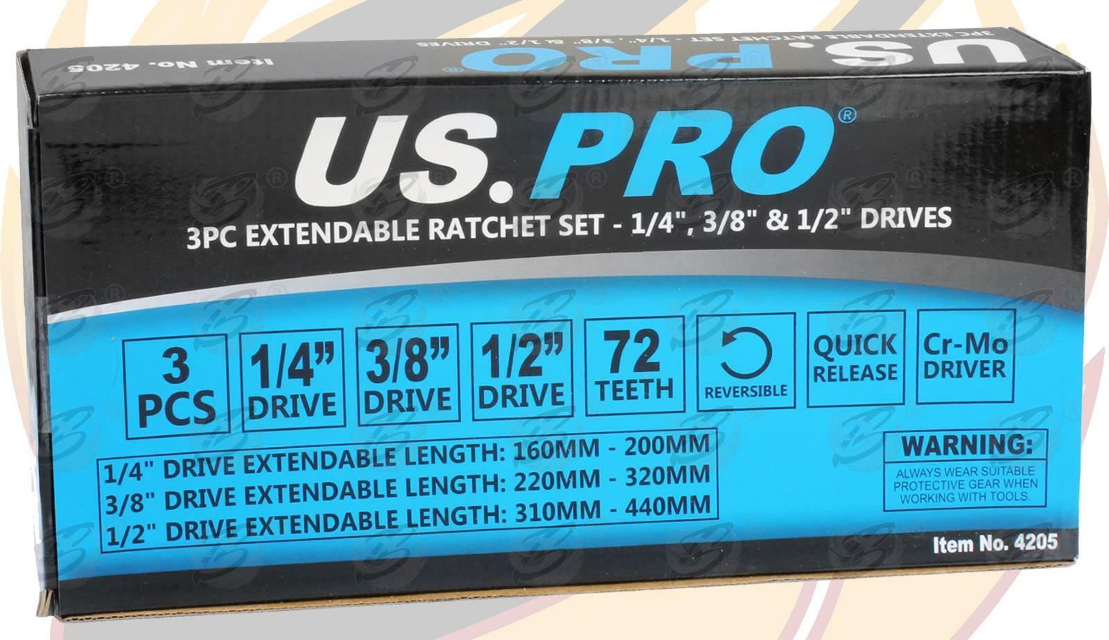 US Pro 3 Piece 1/4" & 3/8" & 1/2" Drive 72 Tooth Extendable Ratchet Handles 4205