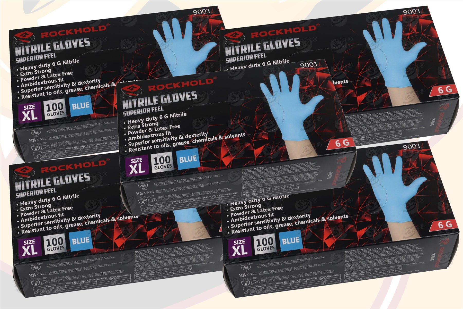ROCKHOLD HEAVY DUTY BLUE 6 MIL NITRILE TEXTURED TIP GLOVES ( X LARGE - 500 GLOVES )