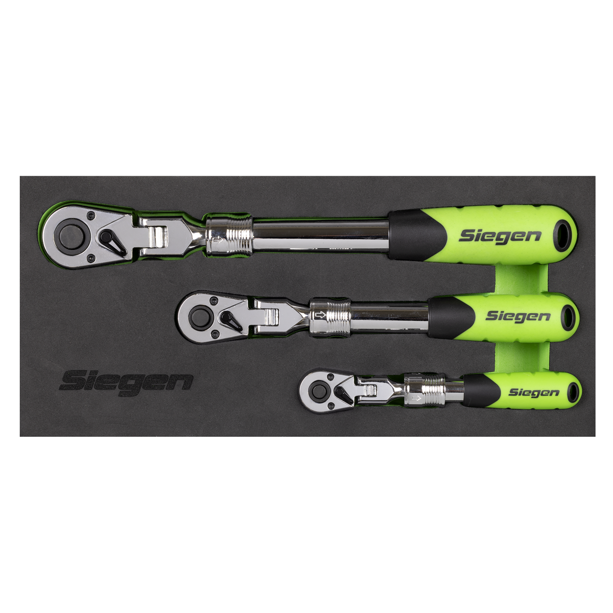 Siegen 3 Piece 1/4" & 3/8" & 1/2" Drive 72 Tooth Flexible Head Extendable Ratchet Handles In EVA Foam Storage Block With A Manufacturers LifeTime Guarantee S01297