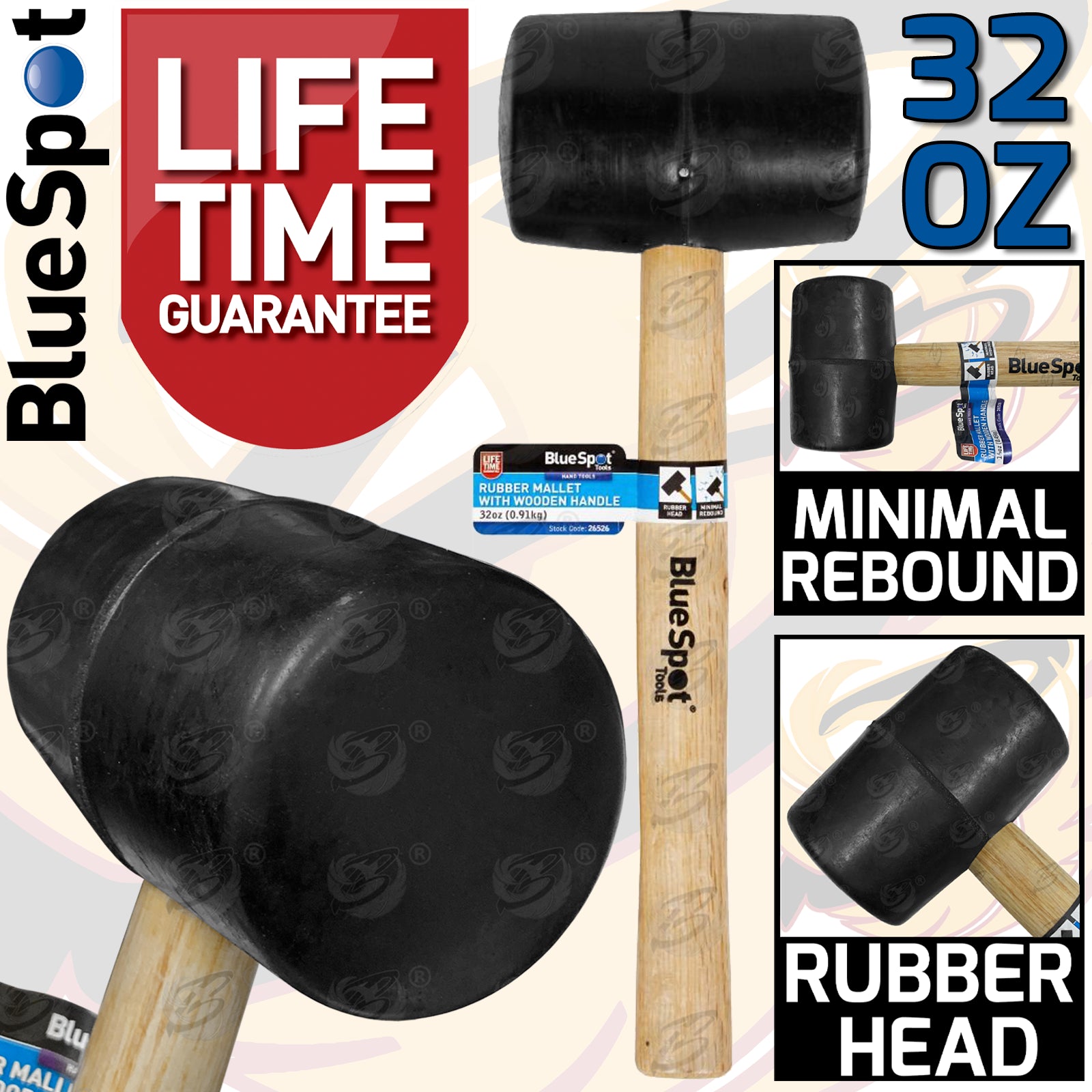 BLUESPOT 32OZ RUBBER HAMMER / MALLET WITH WOODEN HANDLE