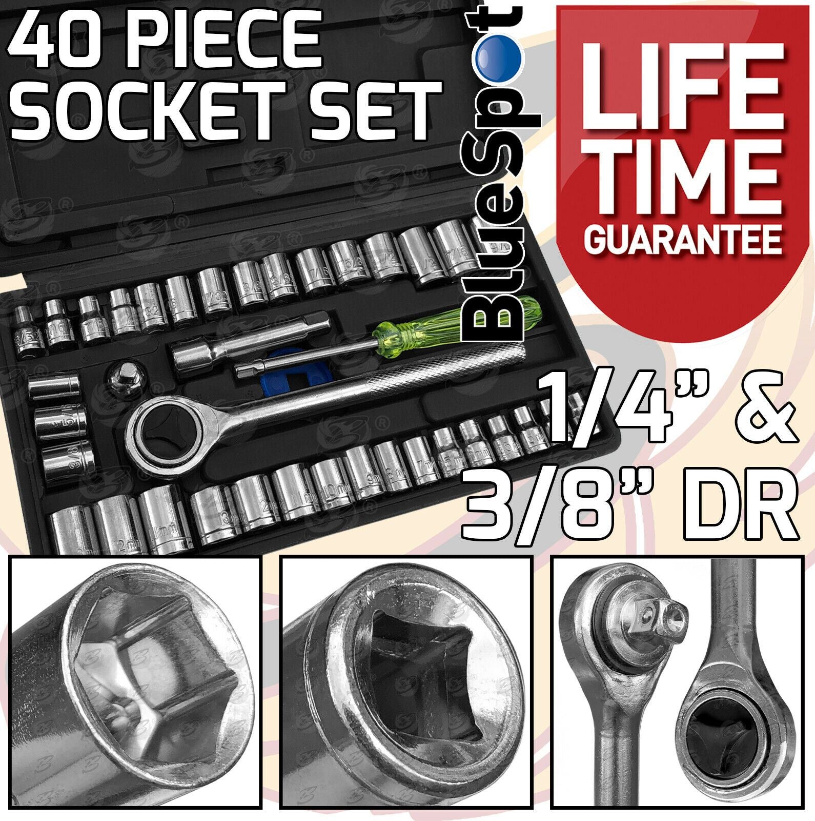 BLUESPOT 40PCS 1/4" & 3/8" DRIVE 6 POINT SOCKET SET