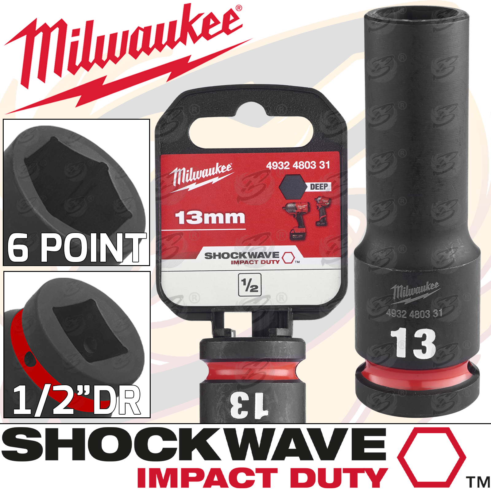 Milwaukee 13mm 1/2" Drive 6 Point Deep Impact Socket ( Single ) ( 4932480331 )