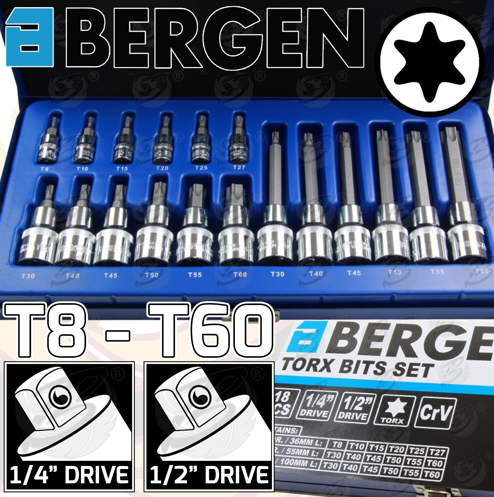 BERGEN 18PCS 1/4" & 1/2" DRIVE TORX BIT SOCKETS T8 - T60