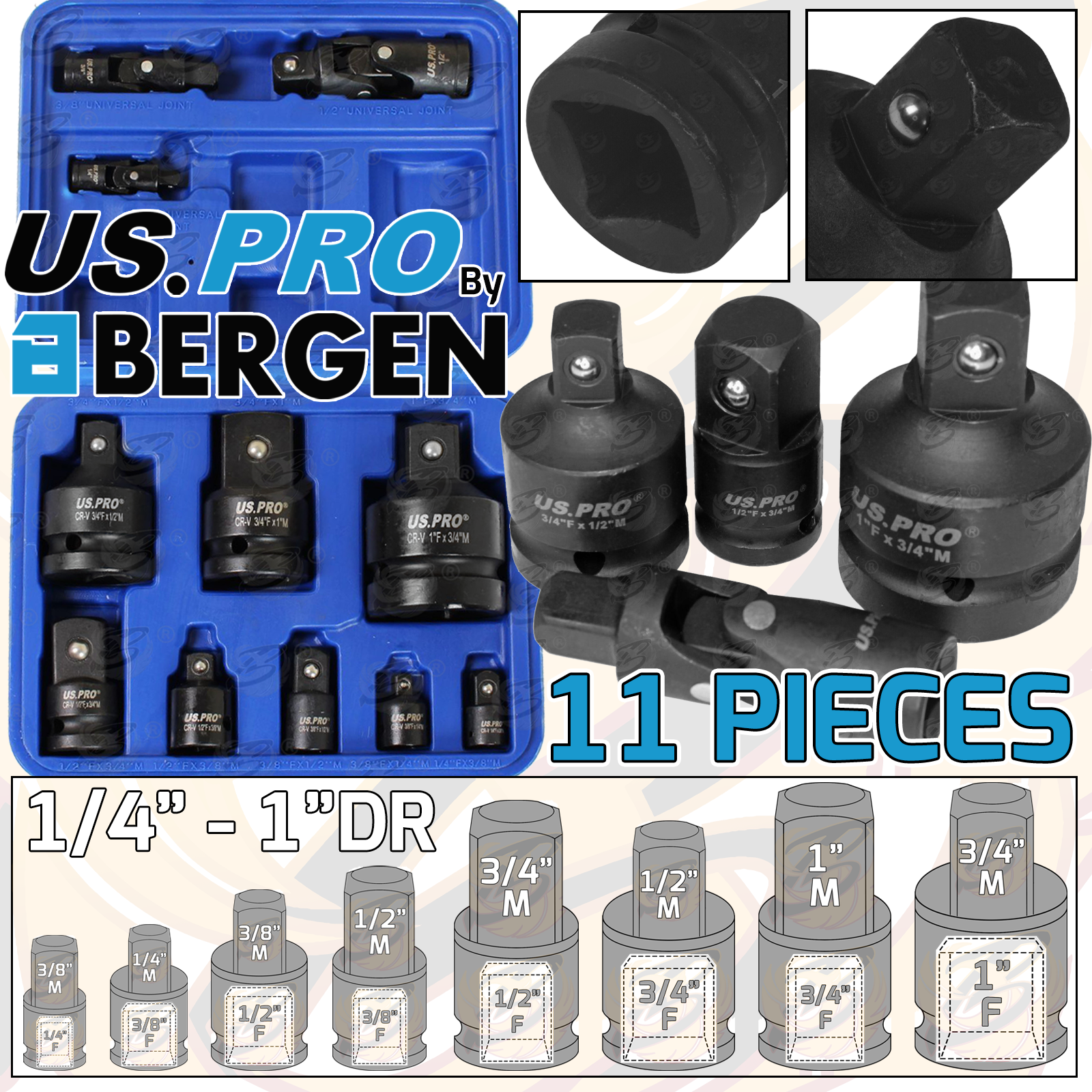 US Pro 11 Piece Impact Socket Ada Pointers & U - Joints ( 1/4" - 1" ) ( 1696 )