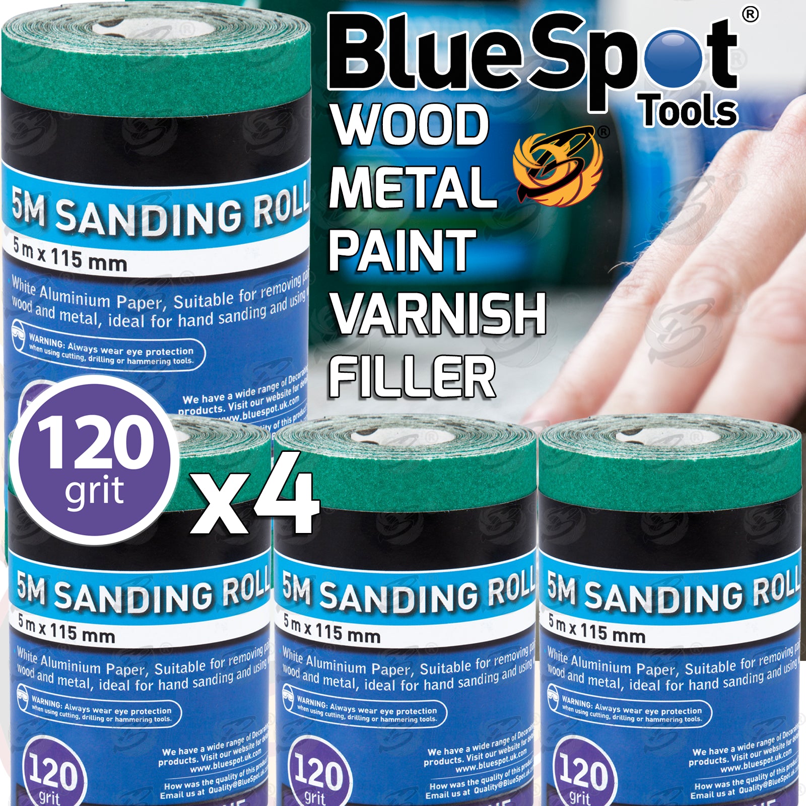 BLUESPOT 120 GRIT SANDING ROLL ( 5M x 115MM ) ( 4 ROLLS )