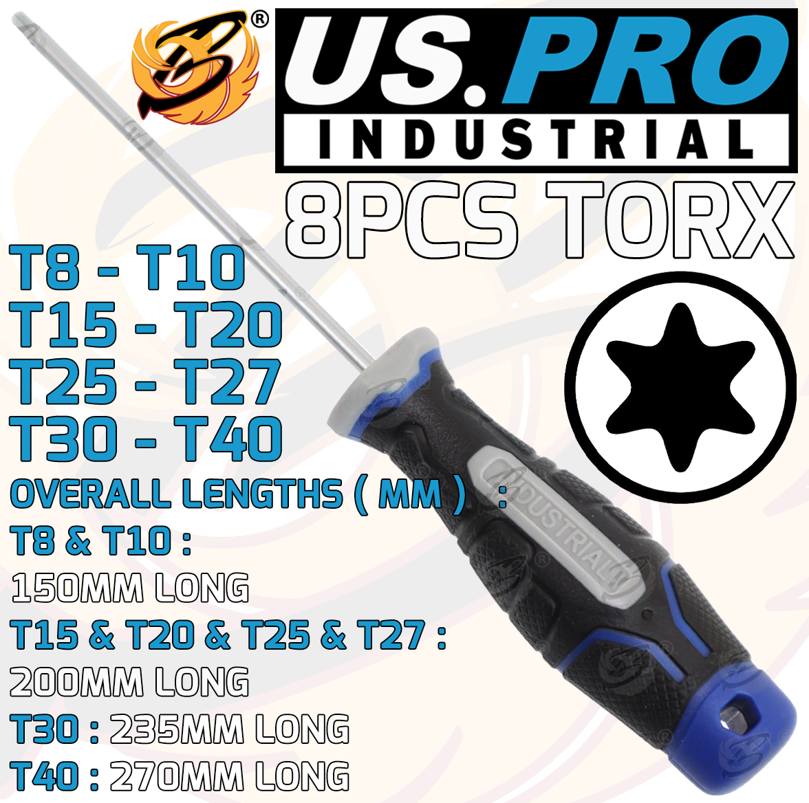 US Pro Industrial 8 Piece Magnetic Torx Screwdriver Set T8 - T40 4611