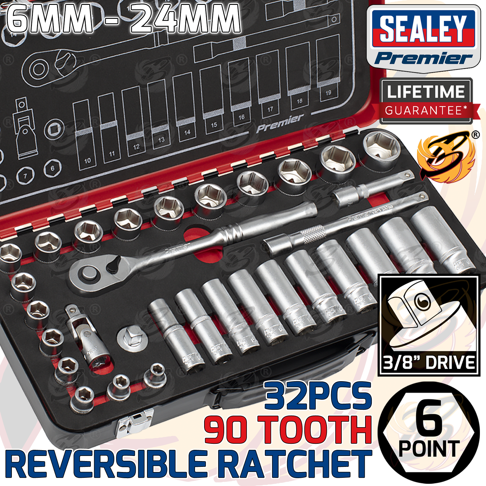 Sealey 32 Piece 3/8" Drive 6 Point 90 Tooth Premier Platinum Socket Set 6mm - 24mm ( AK7922 )