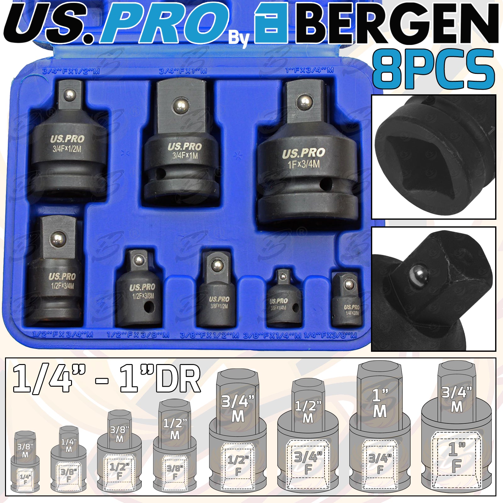 US PRO 8PCS IMPACT SOCKET ADAPTERS ( 1/4" - 1" )