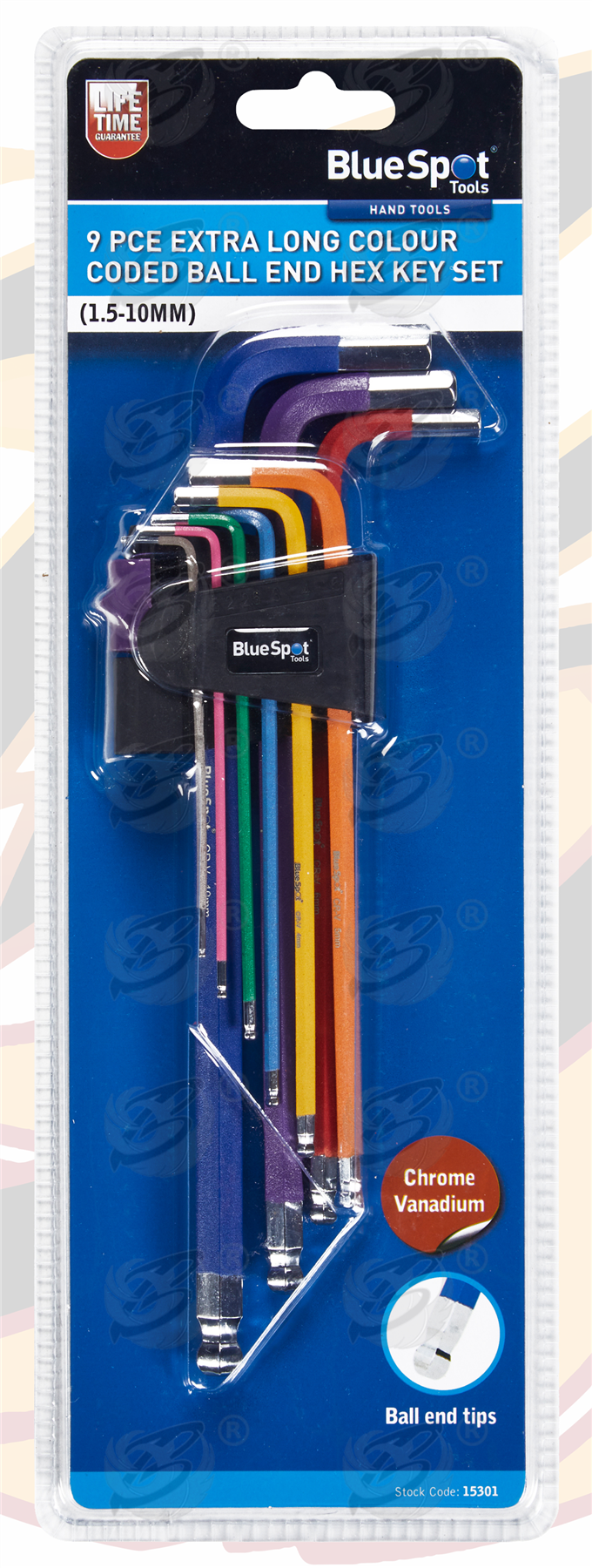 BlueSpot 9 Piece Extra Long Colour Coded Ball End Hex Key Set ( H1.5 - H10 ) ( 15301 )