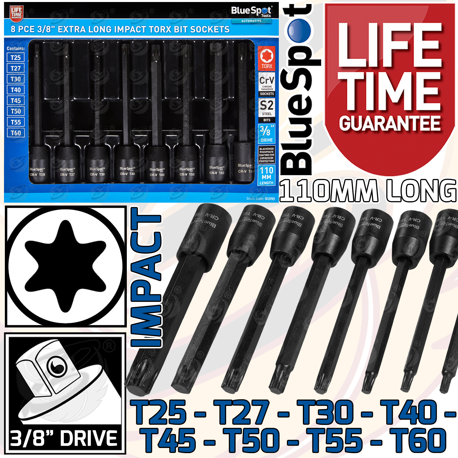 BlueSpot 8 Piece 3/8" Drive Extra Long Impact Torx Bit Sockets T25 - T60 ( 01593 )