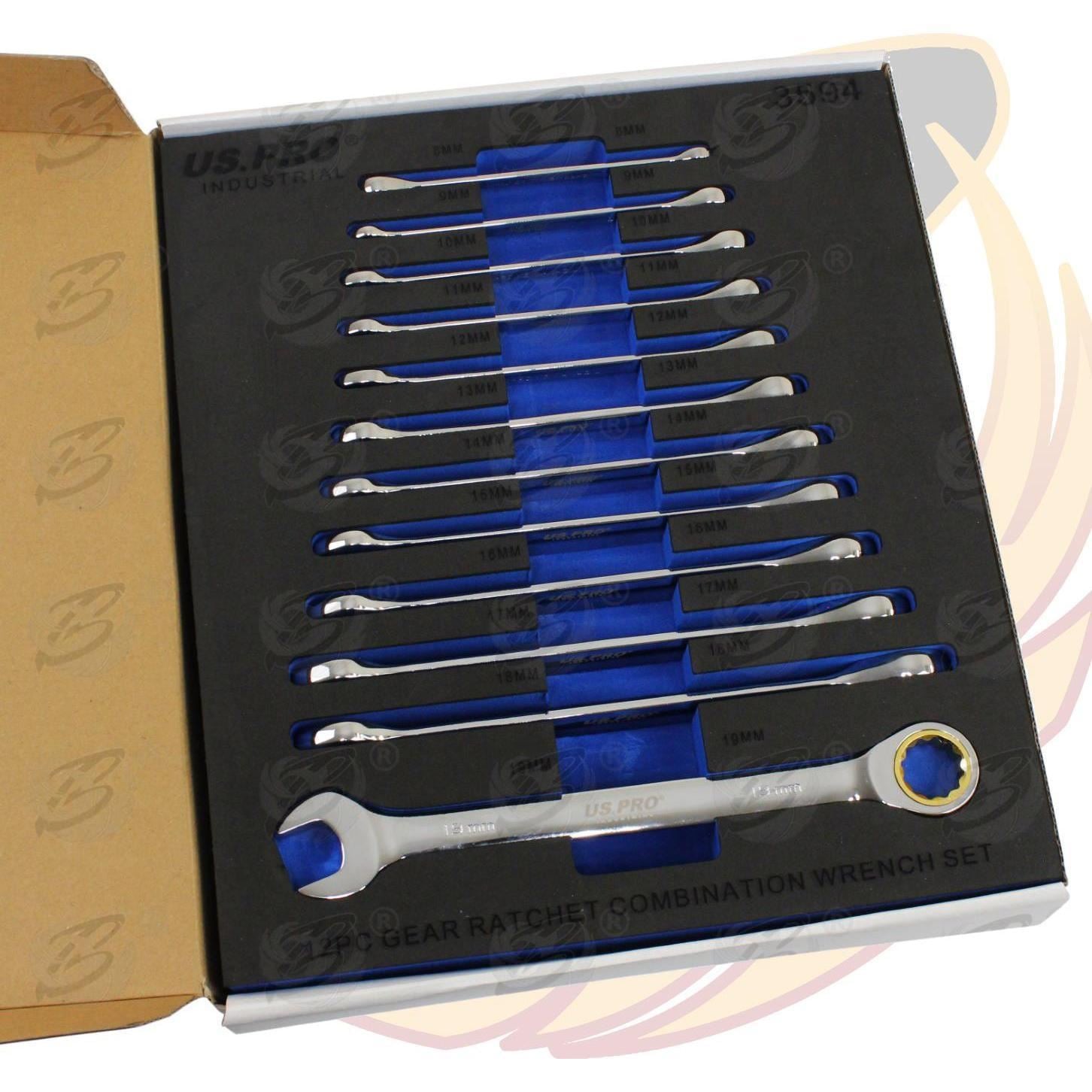 US Pro 12 Piece Combination Ratchet Spanner Set 8mm - 19mm 3594