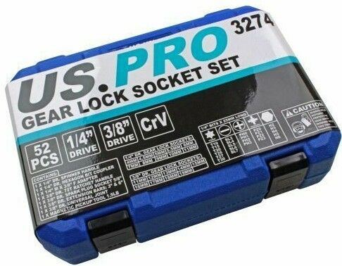 US PRO 52PCS 1/4" & 3/8" DRIVE GEAR LOCK SOCKET & BIT SET 4MM - 19MM