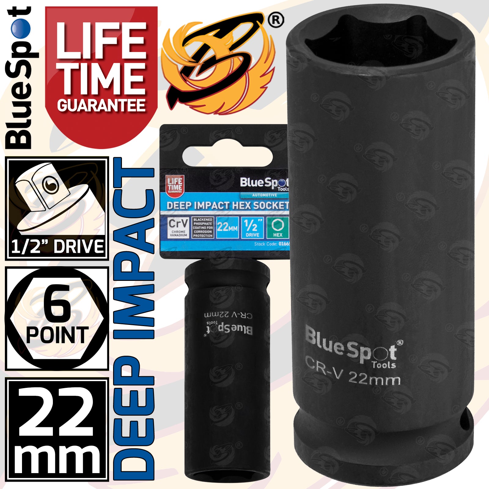 BLUESPOT 22MM 1/2" DRIVE 6 POINT DEEP IMPACT SOCKET ( SINGLE )