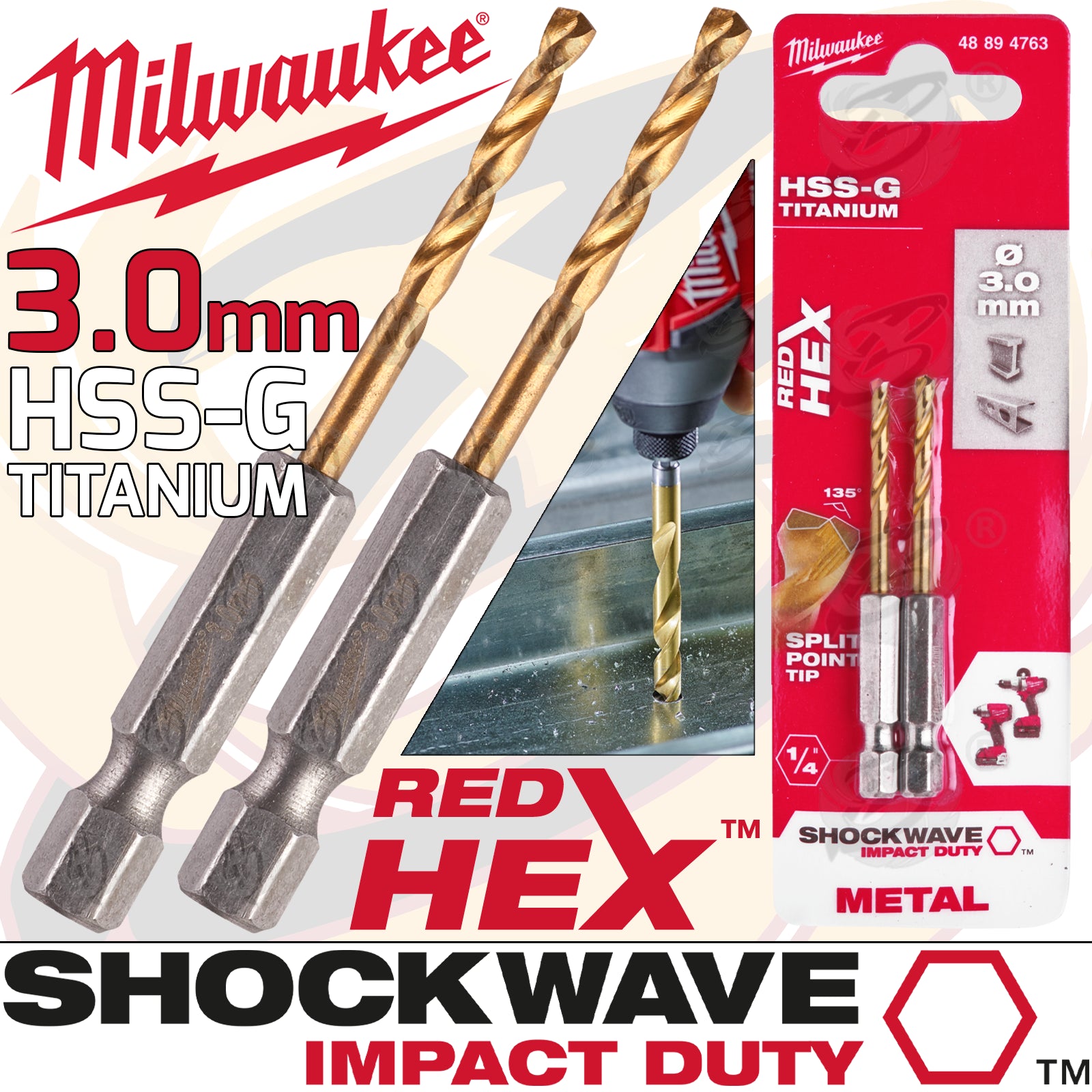 MILWAUKEE 3MM HSS TITANIUM METAL RED HEX DRILL BIT