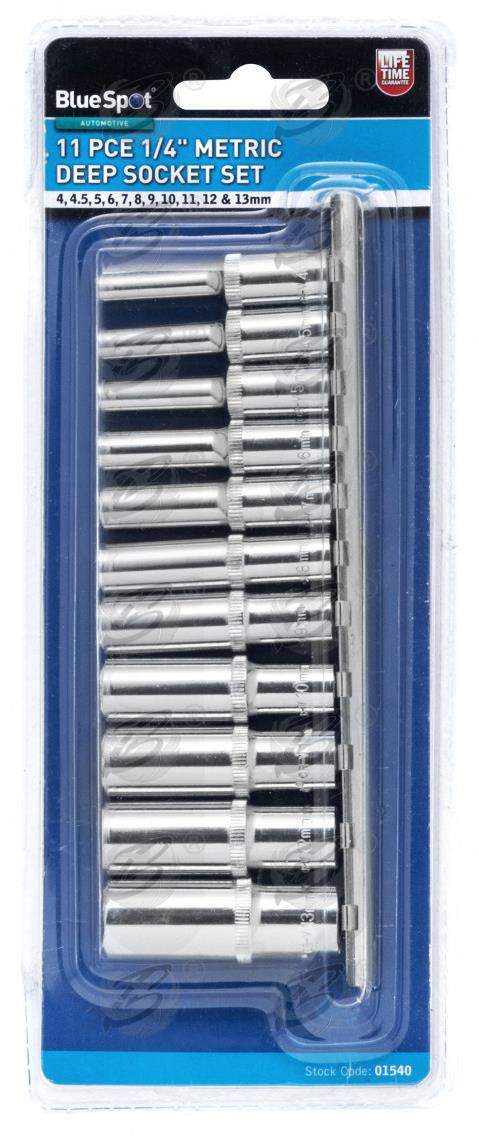 BLUESPOT 11PCS 1/4" DRIVE 6 POINT DEEP SOCKETS 4MM - 13MM