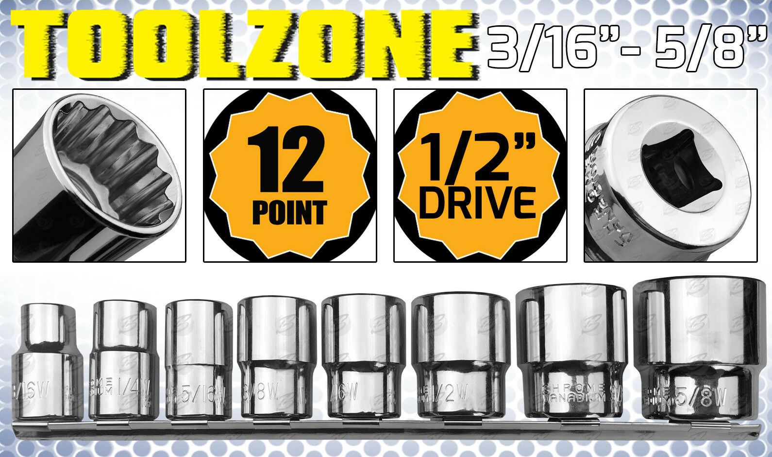 Toolzone 8 Piece 1/2" Drive 12 Point Whitworth Shallow Sockets ( SS099 )