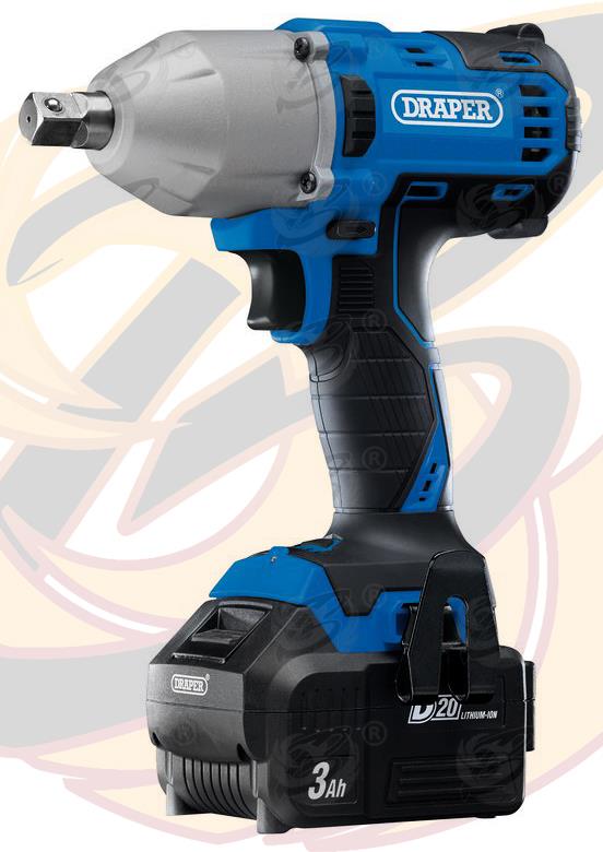 DRAPER 20V 400NM 1/2" DRIVE CORDLESS IMPACT WRENCH BRUSHLESS x2 3AH LI-ION BATTERIES