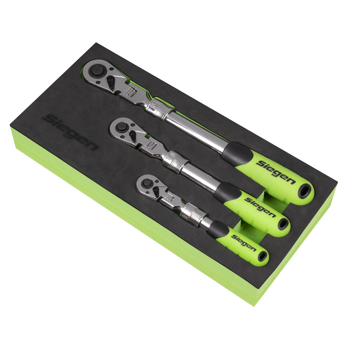 Siegen 3 Piece 1/4" & 3/8" & 1/2" Drive 72 Tooth Flexible Head Extendable Ratchet Handles In EVA Foam Storage Block With A Manufacturers LifeTime Guarantee S01297