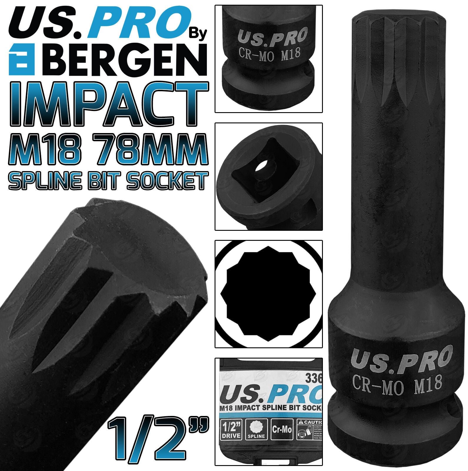 US PRO M18 1/2" DRIVE 78MM LONG IMPACT SPLINE BIT SOCKET ( SINGLE )