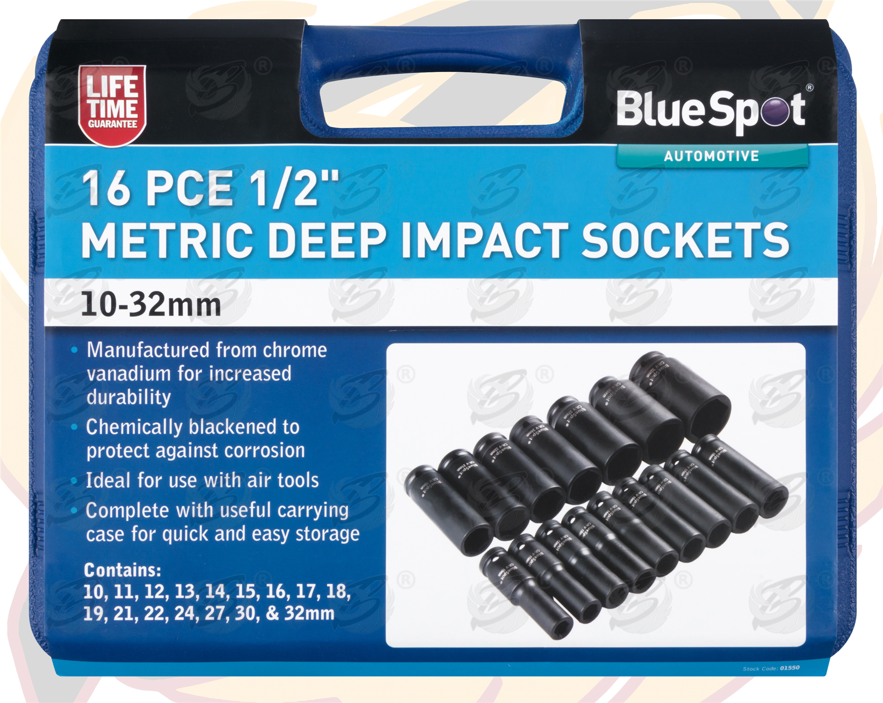 BLUESPOT 33PCS 1/2" DRIVE 6 POINT DEEP & SHALLOW IMPACT SOCKETS & EXTENSION BARS 10MM - 32MM