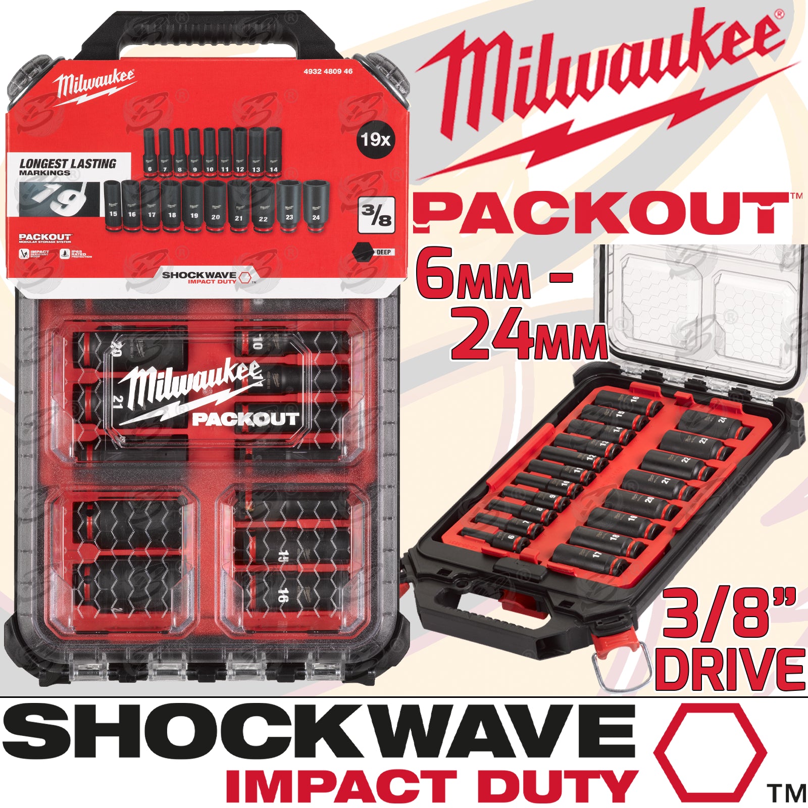 MILWAUKEE 19PCS 3/8" DRIVE 6 POINT DEEP IMPACT SOCKETS 6MM - 24MM IN PACKOUT ( SHOCKWAVE IMPACT DUTY )