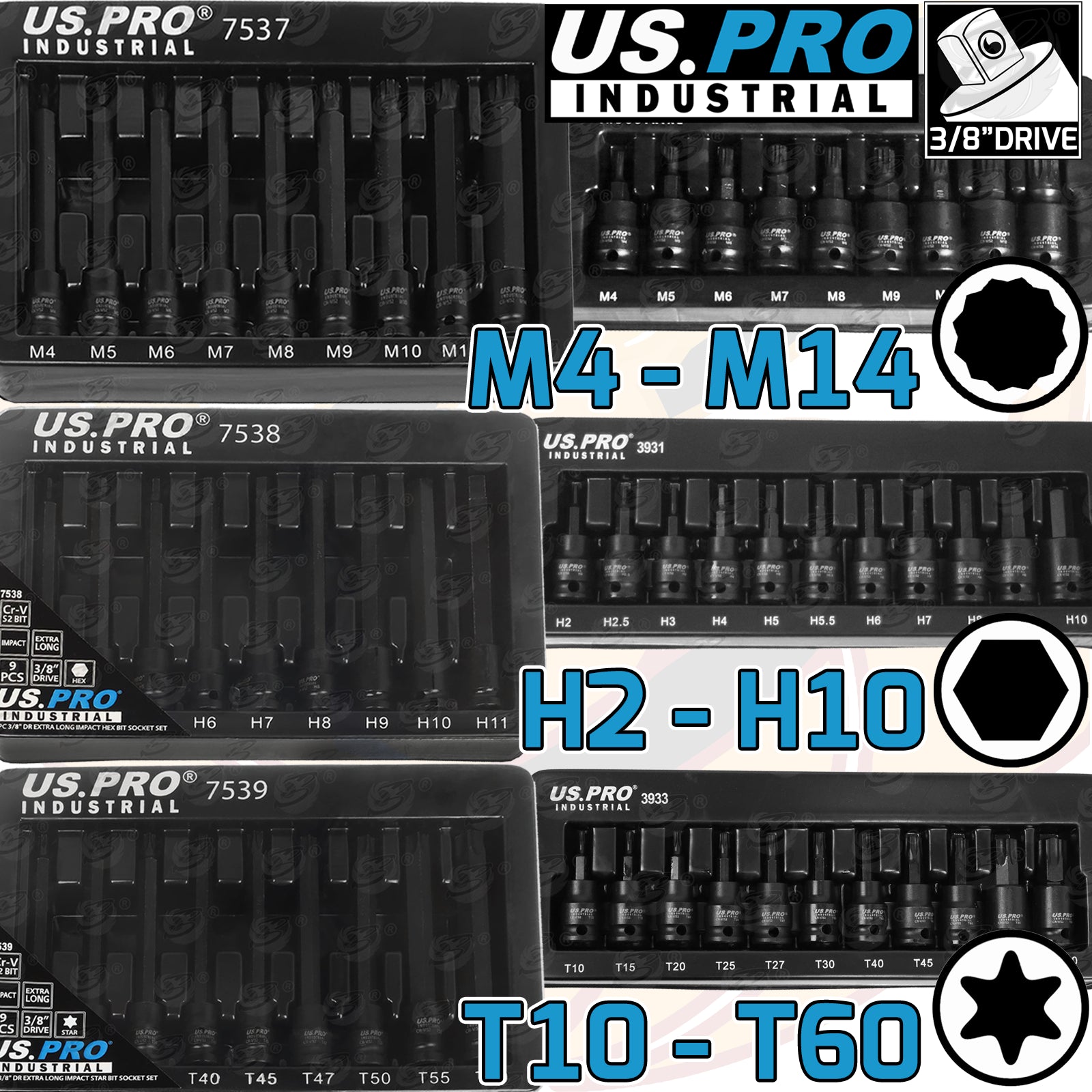 US PRO 58PCS 3/8" DRIVE IMPACT HEX - TORX - SPLINE LONG & SHORT BIT SOCKETS