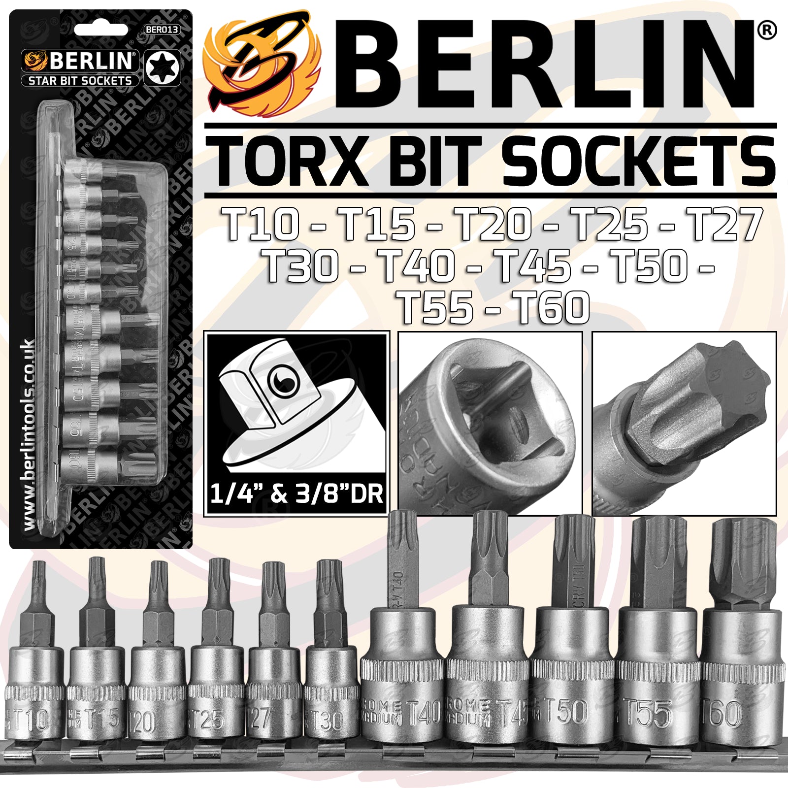 BERLIN 28PCS 1/4" & 3/8" DRIVE HEX - TORX - SPLINE BIT SOCKETS