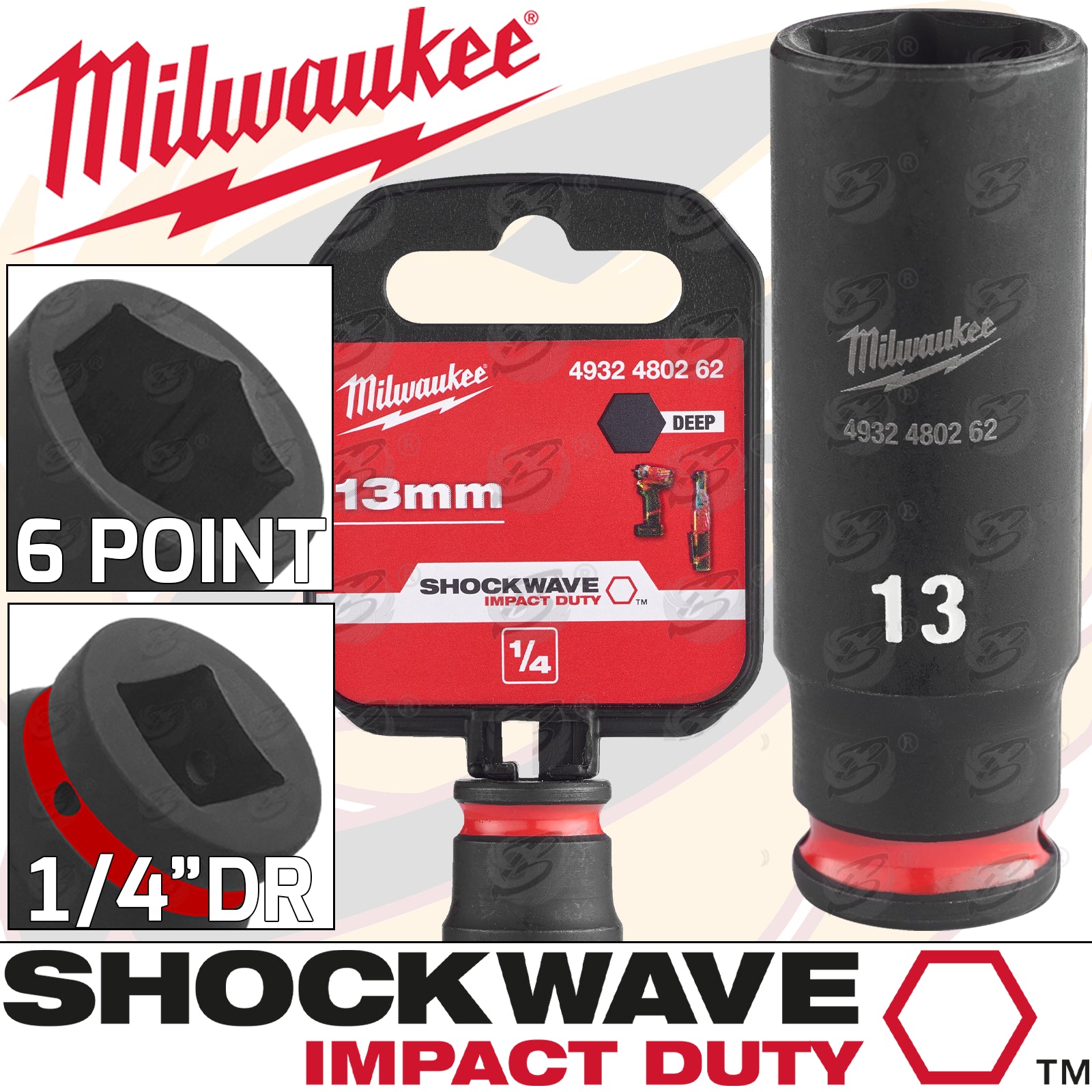 MILWAUKEE 13MM 1/4" DRIVE 6 POINT DEEP IMPACT SOCKET ( SINGLE )
