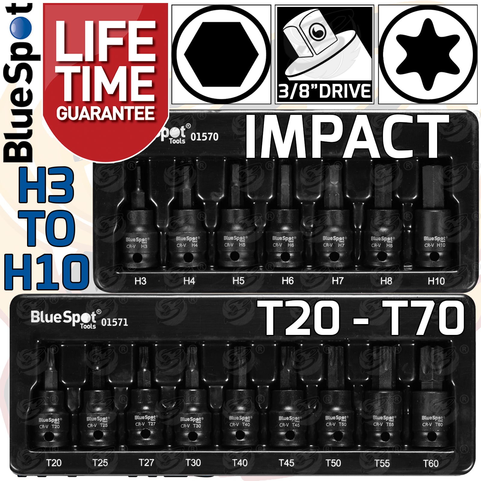 BLUESPOT 16PCS 3/8" DRIVE IMPACT HEX & TORX BIT SOCKETS ( H3 - H10 ) ( T20 - T70 )