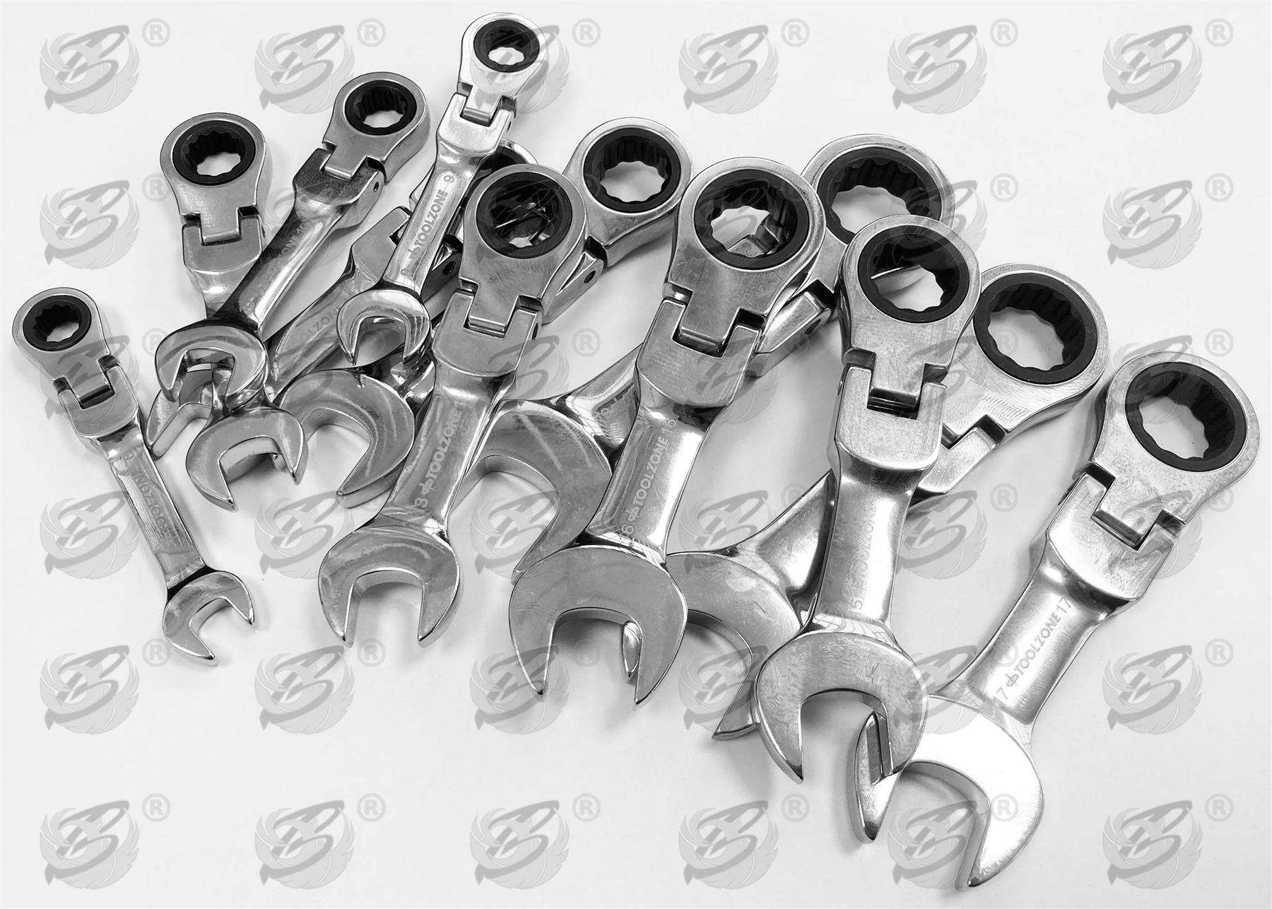 TOOLZONE 12PCS COMBINATION STUBBY FLEXIBLE RATCHET SPANNER SET 8MM - 19MM