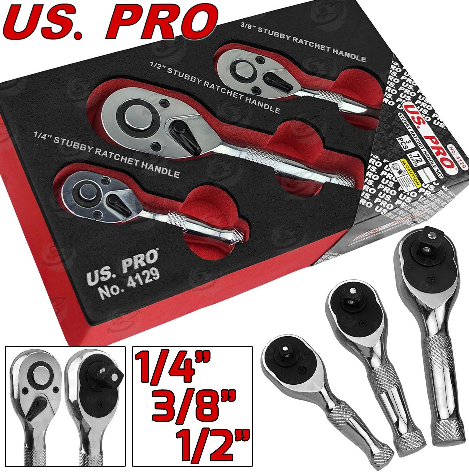US Pro 3 Piece Stubby Ratchet Handle Set 1/4" & 3/8" & 1/2" Drive 4129