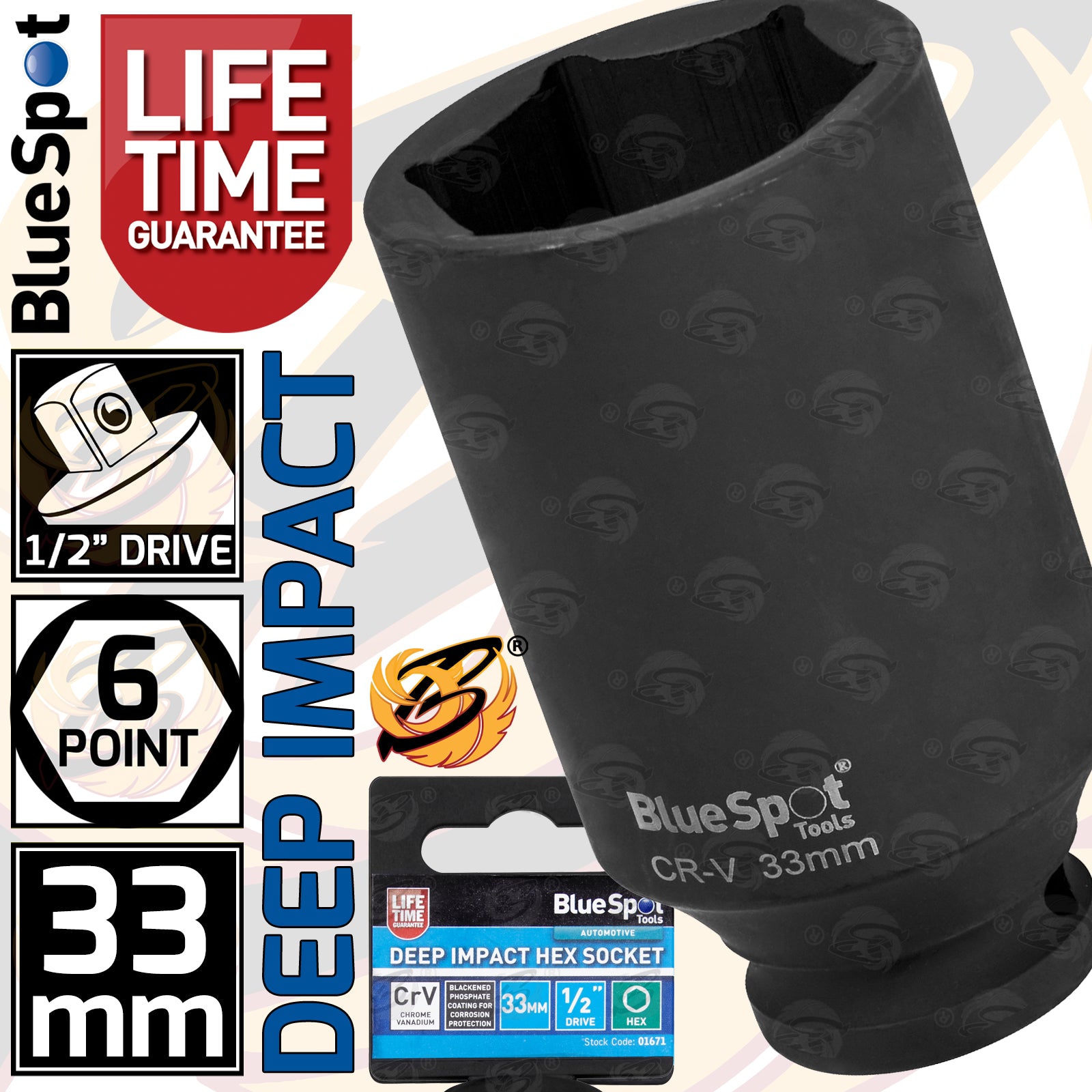 BLUESPOT 33MM 1/2" DRIVE 6 POINT DEEP IMPACT SOCKET ( SINGLE )