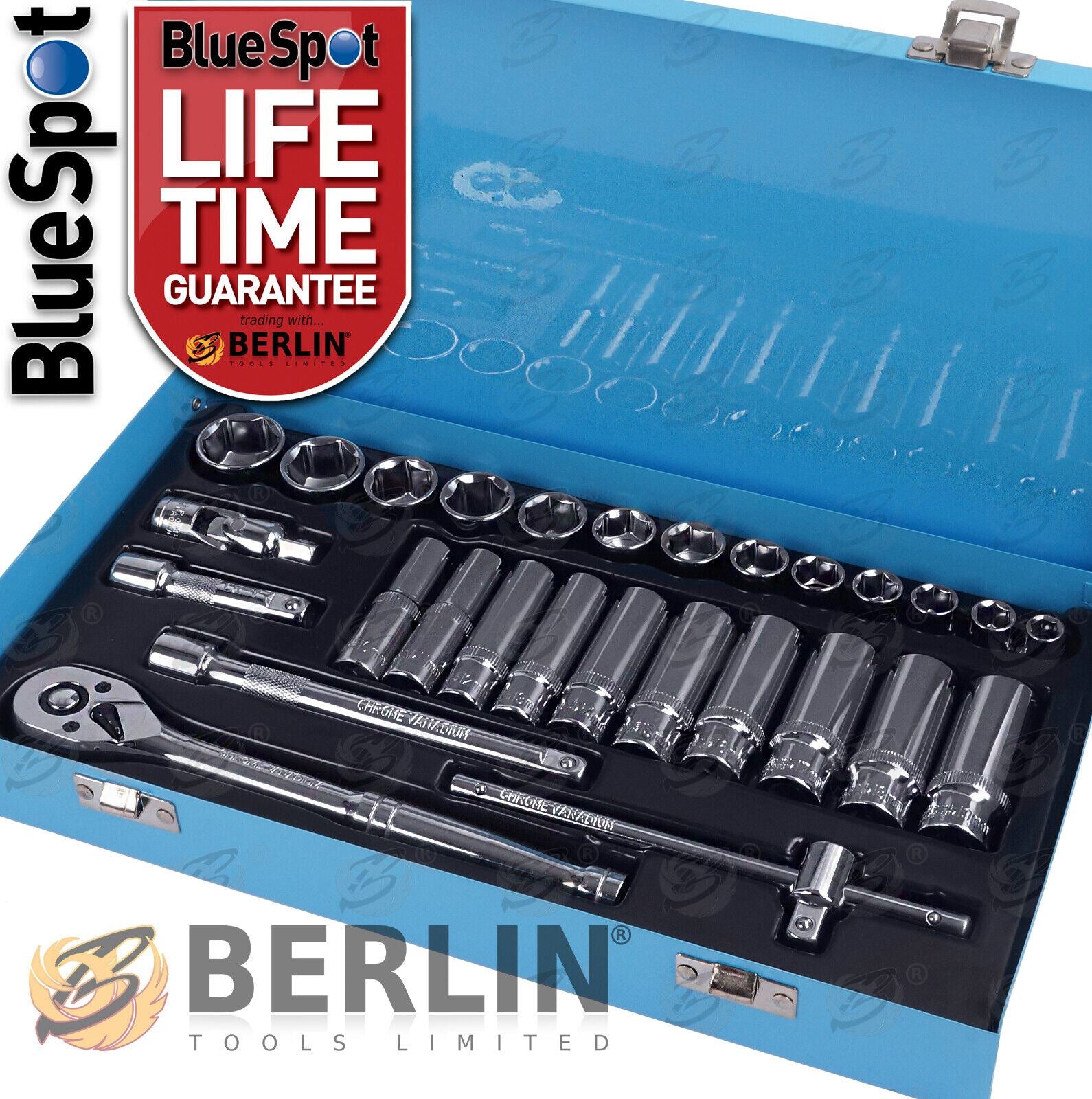 BLUESPOT 28PCS 3/8" DRIVE 6 POINT SOCKET SET 8MM - 24MM