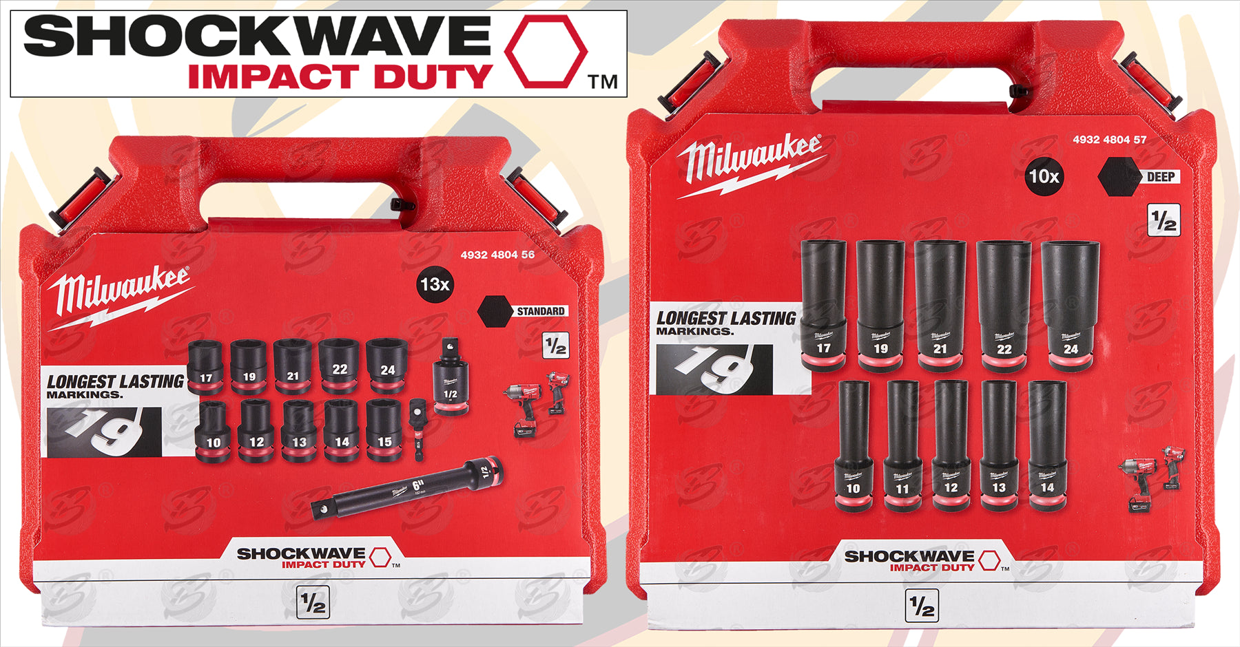 MILWAUKEE 23PCS 1/2" DRIVE 6 POINT DEEP & SHALLOW IMPACT SOCKETS & ADAPTER SET 10MM - 24MM ( SHOCKWAVE IMPACT DUTY )