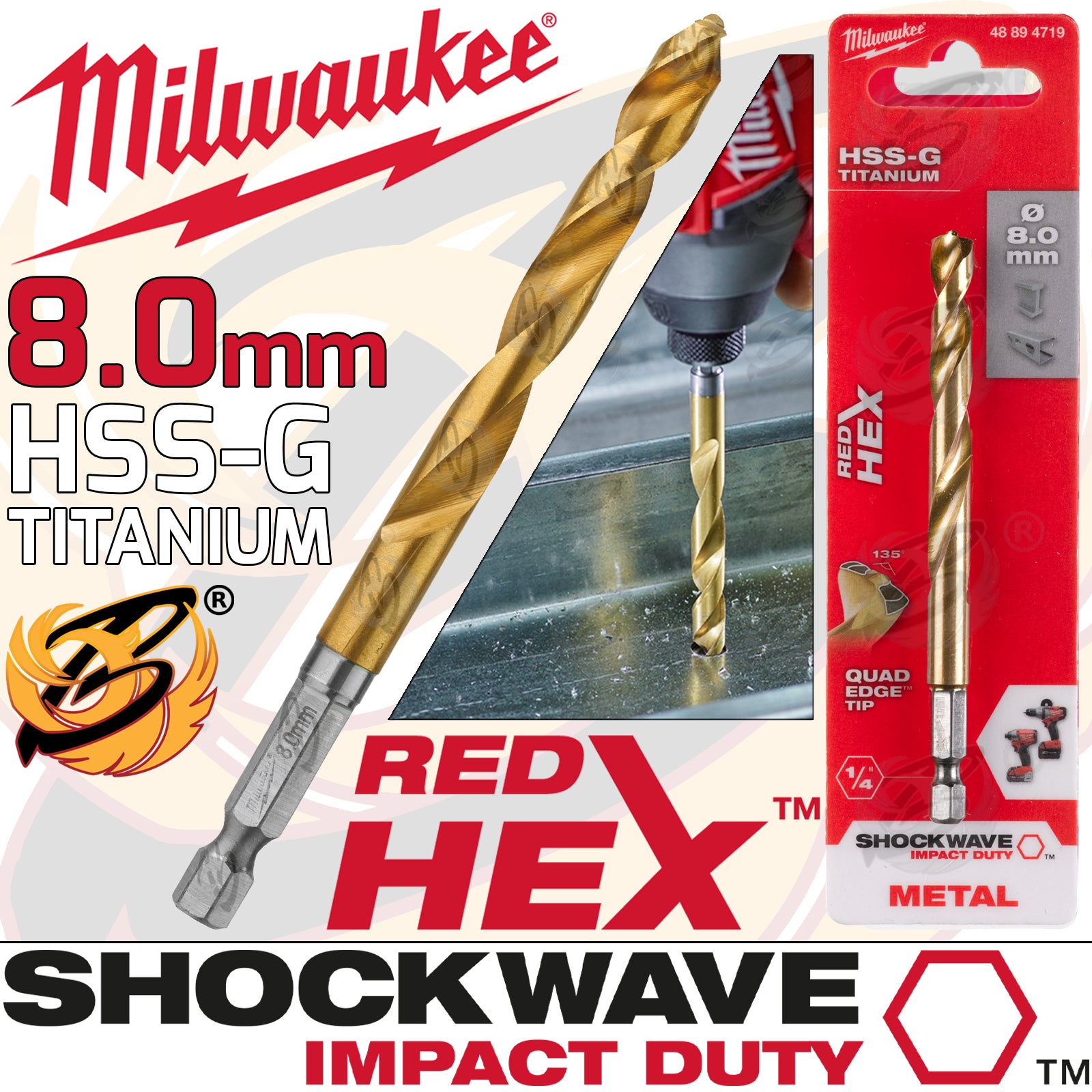 MILWAUKEE 8MM HSS TITANIUM METAL RED HEX DRILL BIT