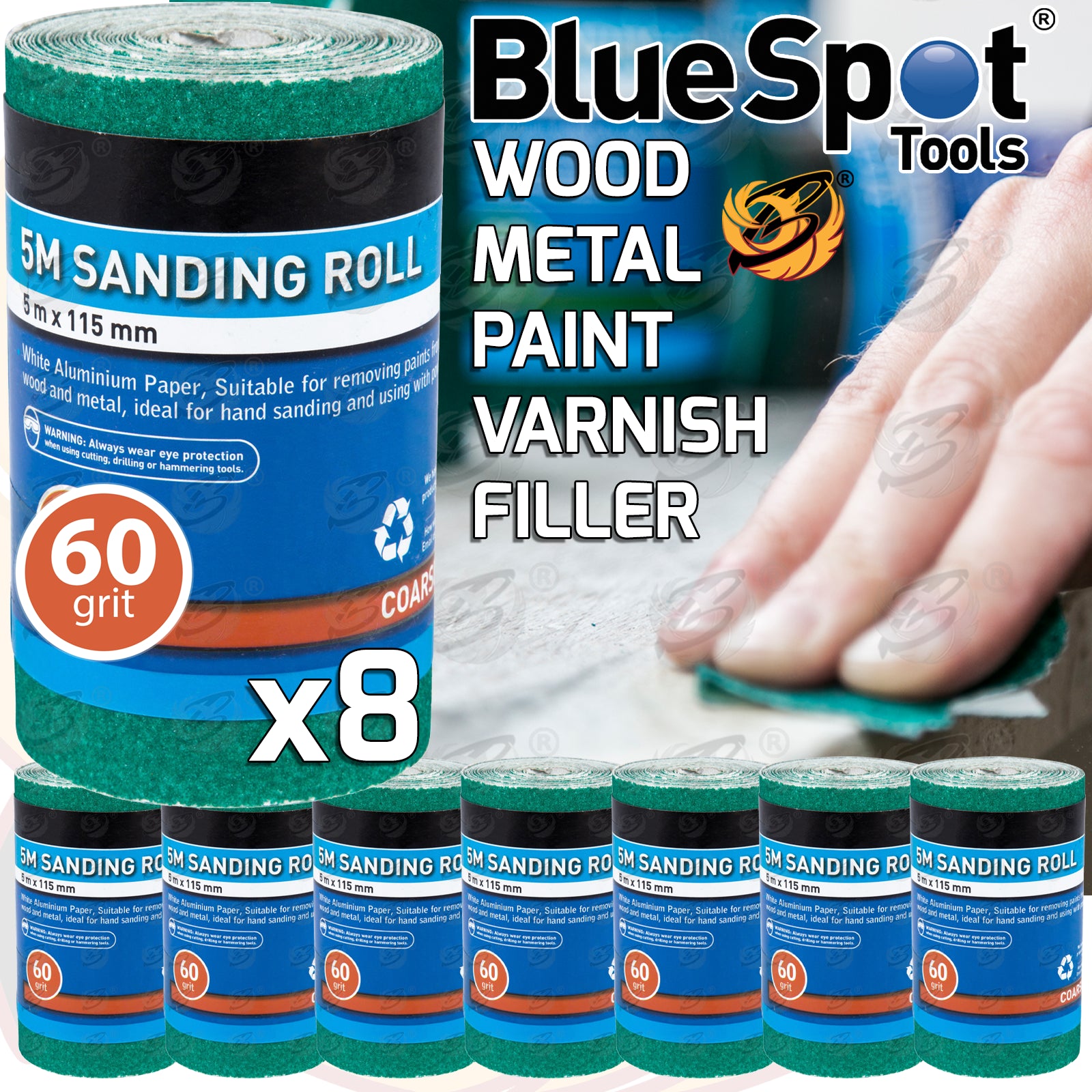 BLUESPOT 60 GRIT SANDING ROLL ( 5M x 115MM ) ( 8 ROLLS )