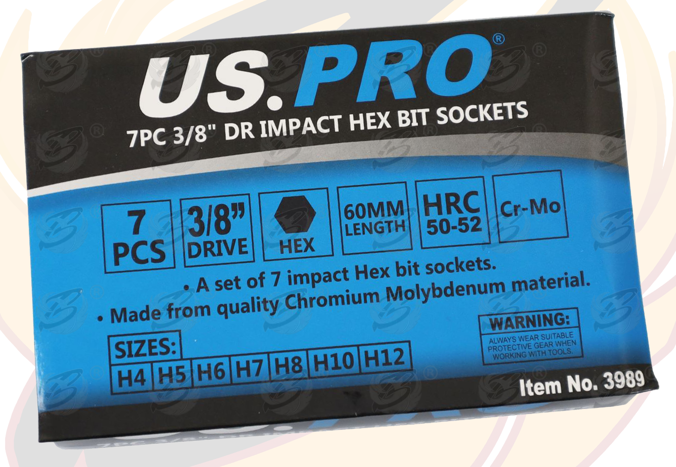US Pro 7 Piece 3/8" Drive Impact Hex Bit Sockets H4 - H12 3989