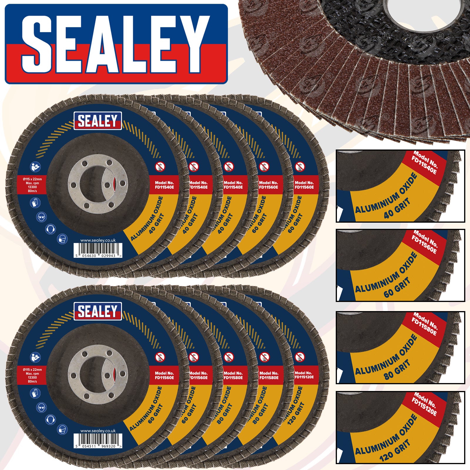 SEALEY 10PCS ASSORTED GRIT / FLAP DISC ( 40/60/80/120 GRIT )