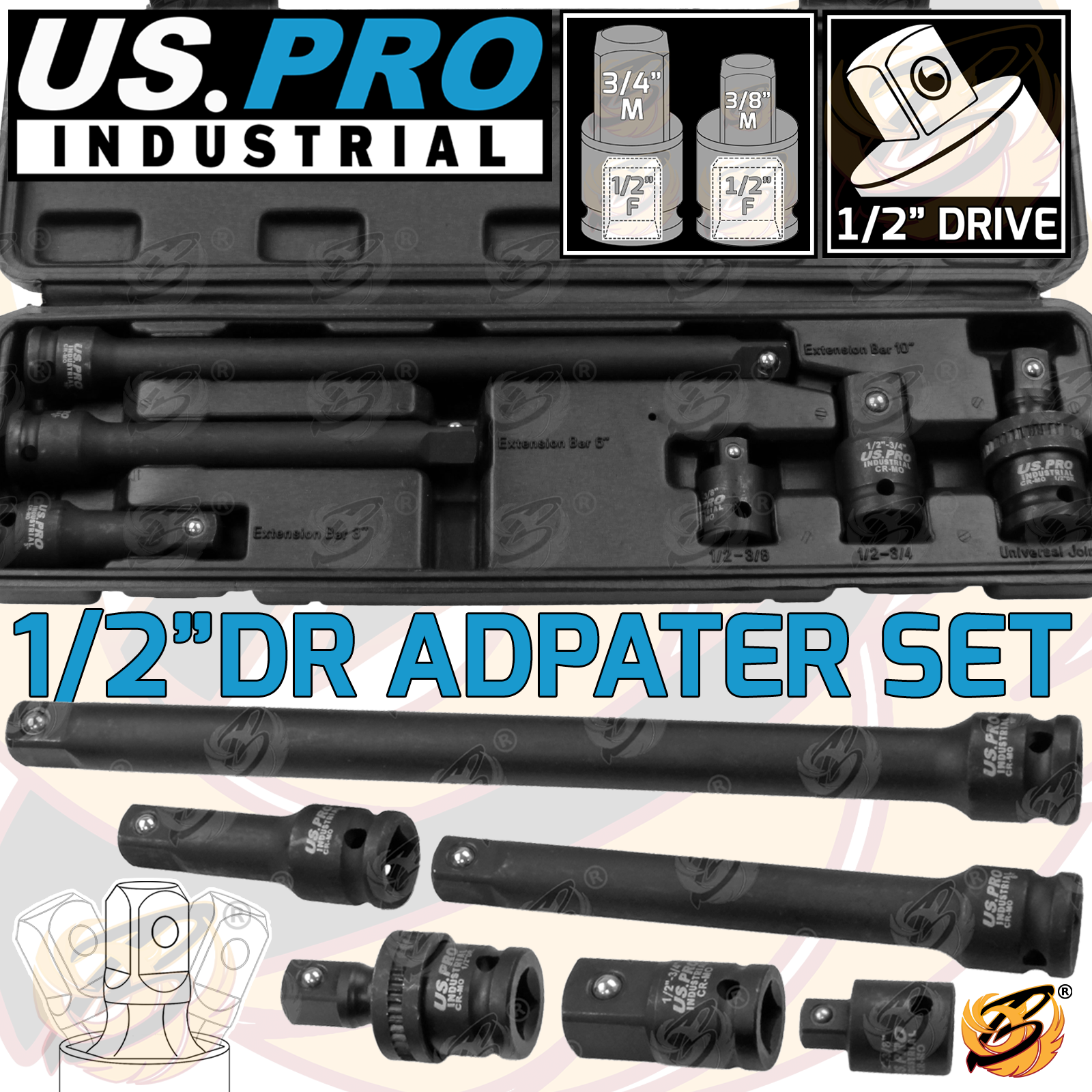 US Pro Industrial 6 Piece 1/2" Drive Impact Adaptors & Extension Set 3464