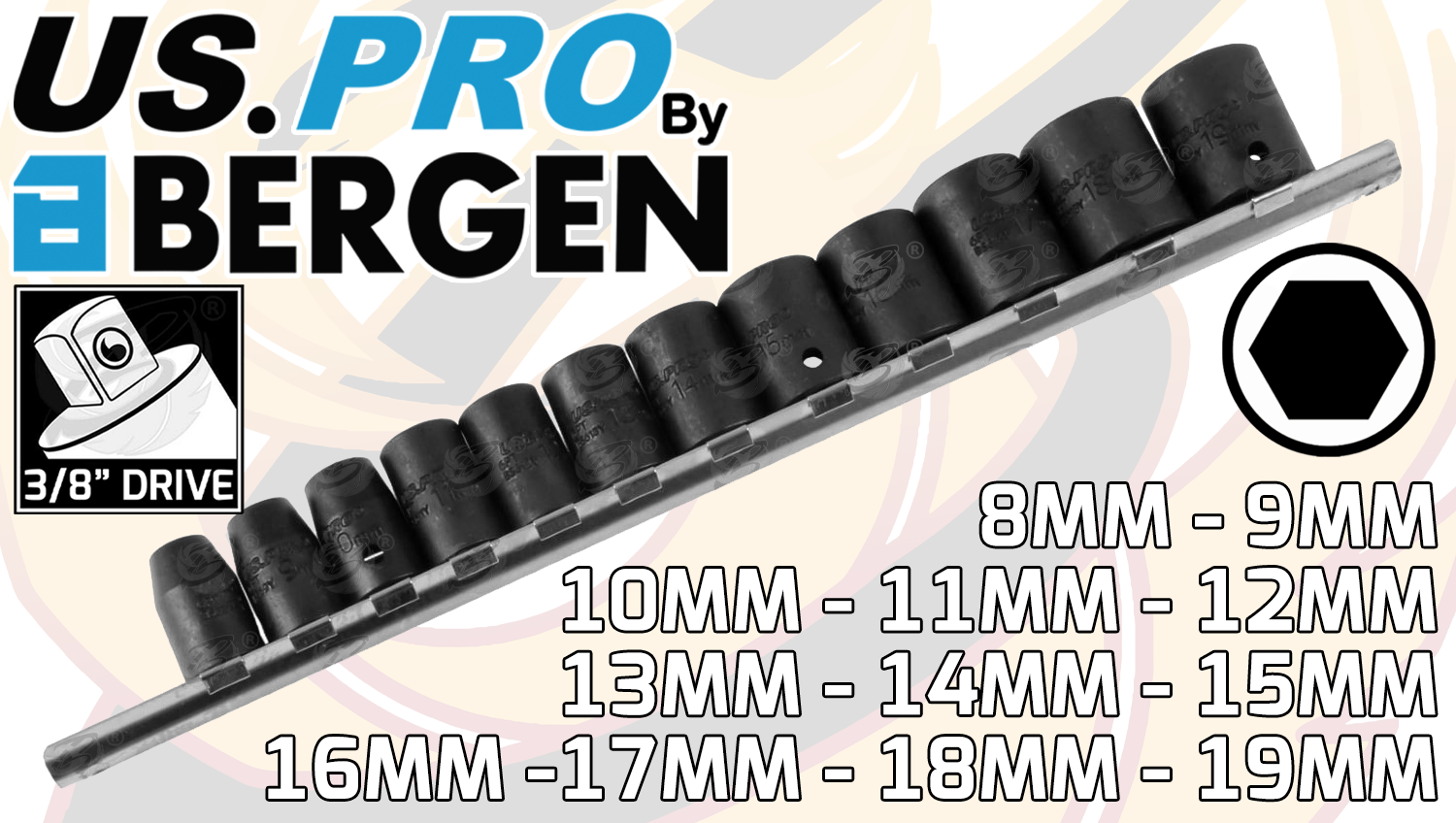 US Pro 3/8"Inch Drive Impact Socket Set Shallow Impact Sockets 8mm-19mm 6 Point 3834 ( 3834 )