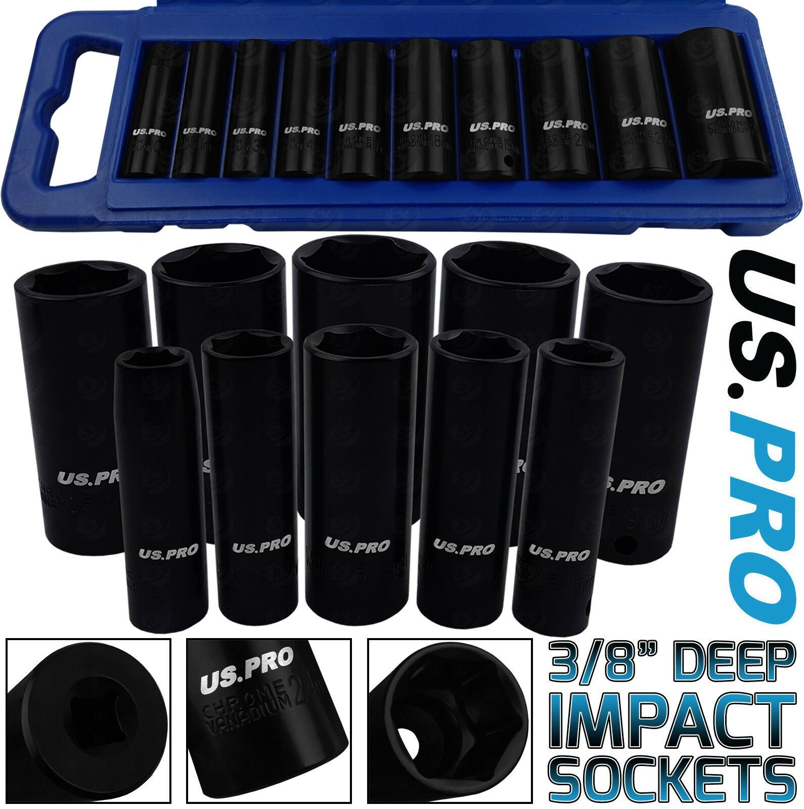 US PRO 10PCS 3/8" DRIVE 6 POINT DEEP IMPACT SOCKETS 10MM - 24MM