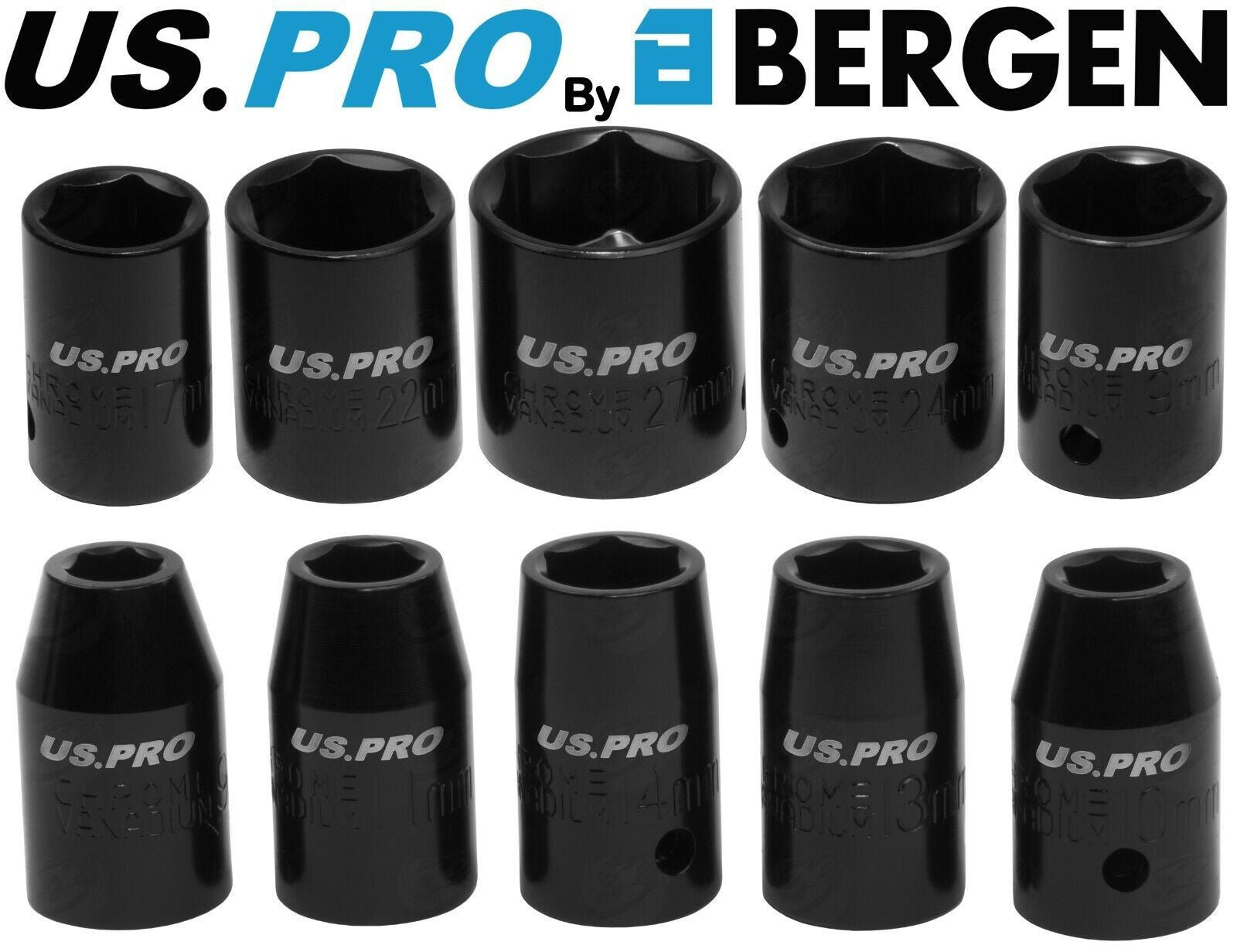 US PRO 10PCS 1/2" DRIVE 6 POINT SHALLOW IMPACT SOCKETS 9MM - 27MM